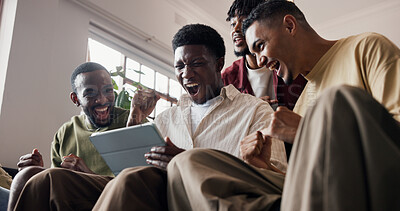 Buy stock photo Celebration, men and tablet for results, home or online subscription for sports news. Low angle, football or people in lounge, excited or tech for entertainment, relax or digital app for match update