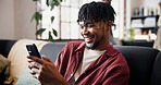 Smile, reading and man with phone in home, check social media notification and watch online video. Digital communication, typing and person with mobile on sofa for message, blog and browsing internet