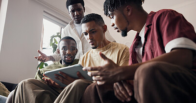 Buy stock photo Frustrated, men and tablet in house with sports match, football game loss and online entertainment. Low angle, friends and live broadcast in lounge with tech, worry and stress for soccer tournament.