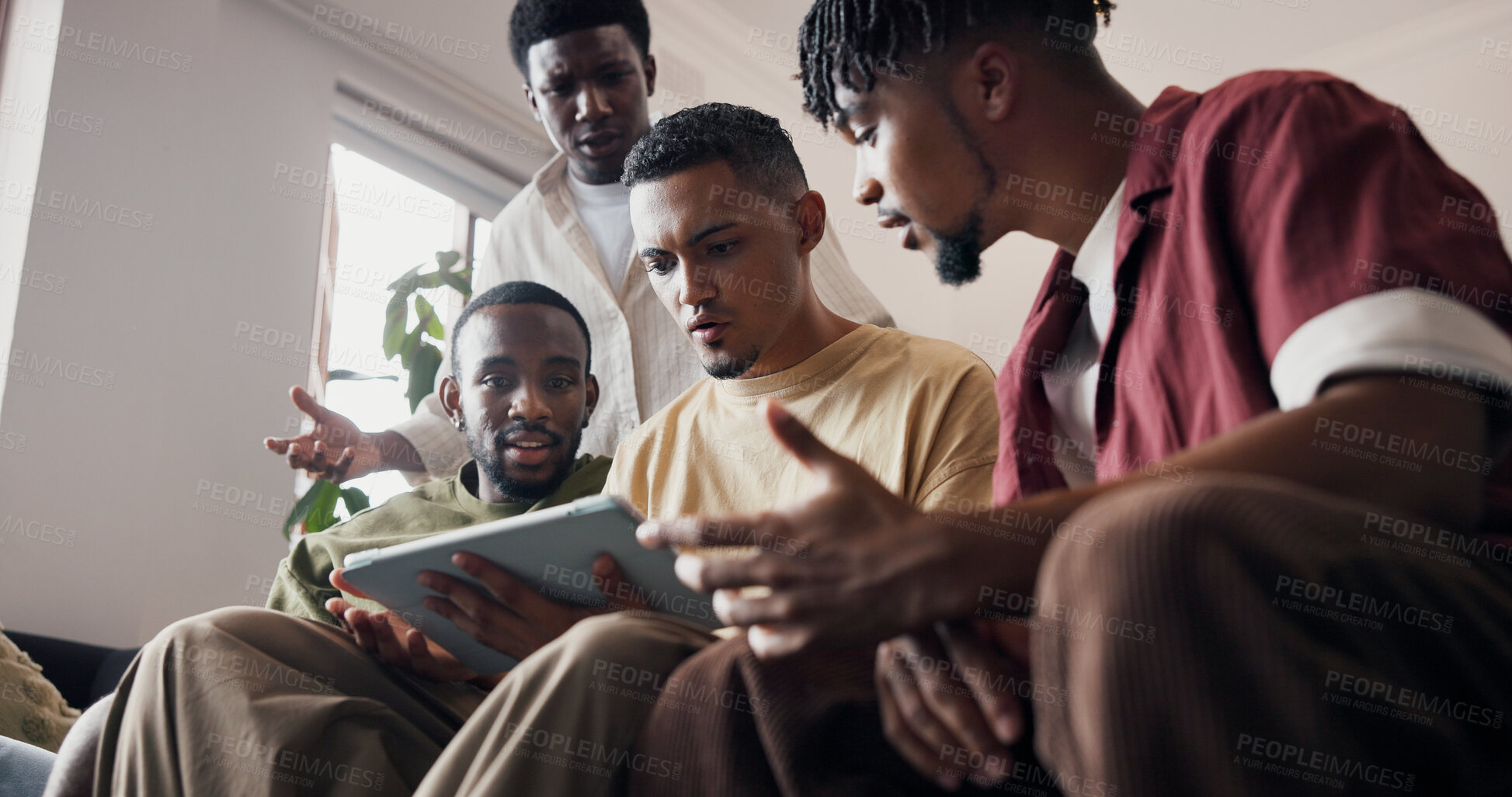 Buy stock photo Frustrated, men and tablet in house with sports match, football game loss and online entertainment. Low angle, friends and live broadcast in lounge with tech, worry and stress for soccer tournament.