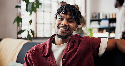 Buy stock photo Happy, portrait and relax with man on sofa in home living room for reunion or social gathering. Break, smile and visit with comfortable person at friends apartment for satisfaction or wellness