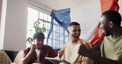 Buy stock photo Football game, fist pump and men in home, tablet and celebration for score victory. France flag, screaming and people in lounge, fans and cheering for sports champion, excited or contest update