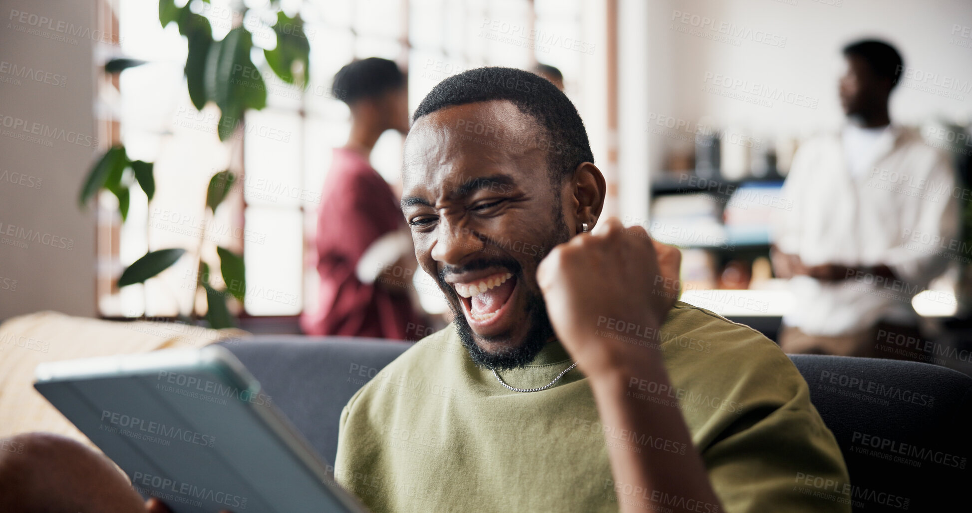 Buy stock photo Man, tablet and excited with fist bump on sofa for streaming sport, goal or soccer match in home. Person, happy and celebration with tech, app and football game on subscription at reunion for friends