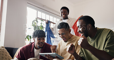Buy stock photo Football game, fist pump and men in home, tablet and celebration for score update. France flag, winning and people in lounge, excited and cheering for sports champion,  support or contest victory