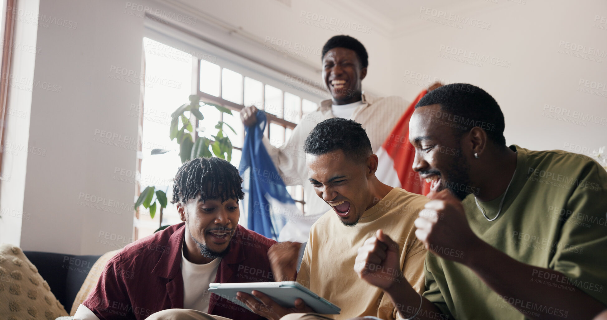 Buy stock photo Football game, fist pump and men in home, tablet and celebration for score update. France flag, winning and people in lounge, excited and cheering for sports champion,  support or contest victory