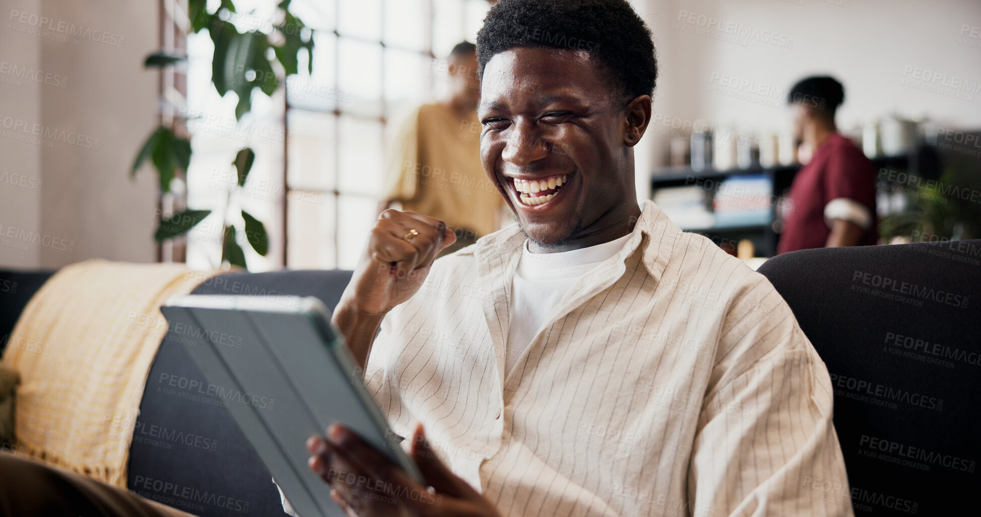 Buy stock photo Fist pump, watch and happy man with tablet on sofa, streaming sports game or winning team supporter. Excited, celebrate or fan with tech for live broadcast, match point or competition success in home