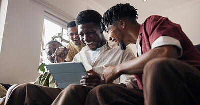 Buy stock photo Celebrate, men and tablet for game results, excited or online watching for sports news. Cheering, people or friends in home, smile or tech for entertainment, fist pump or digital app for match update