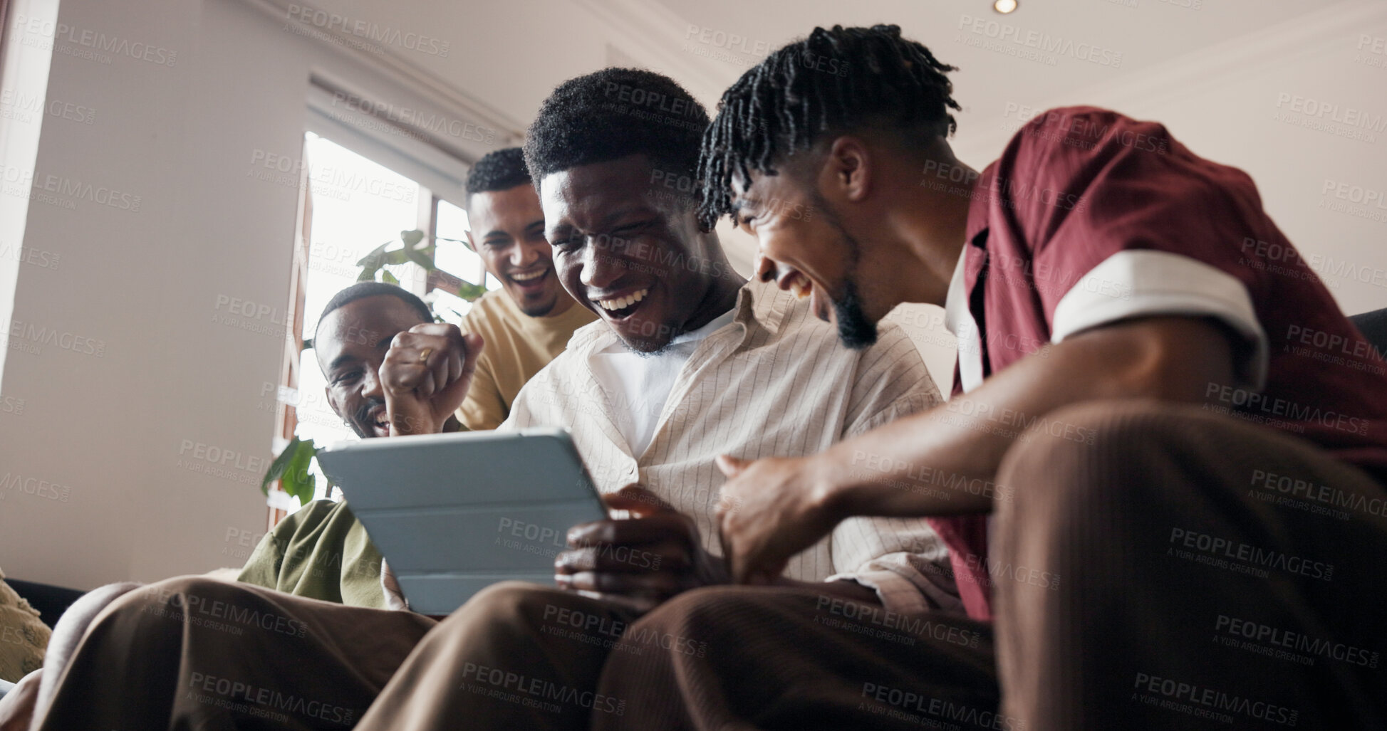 Buy stock photo Celebrate, men and tablet for game results, excited or online watching for sports news. Cheering, people or friends in home, smile or tech for entertainment, fist pump or digital app for match update