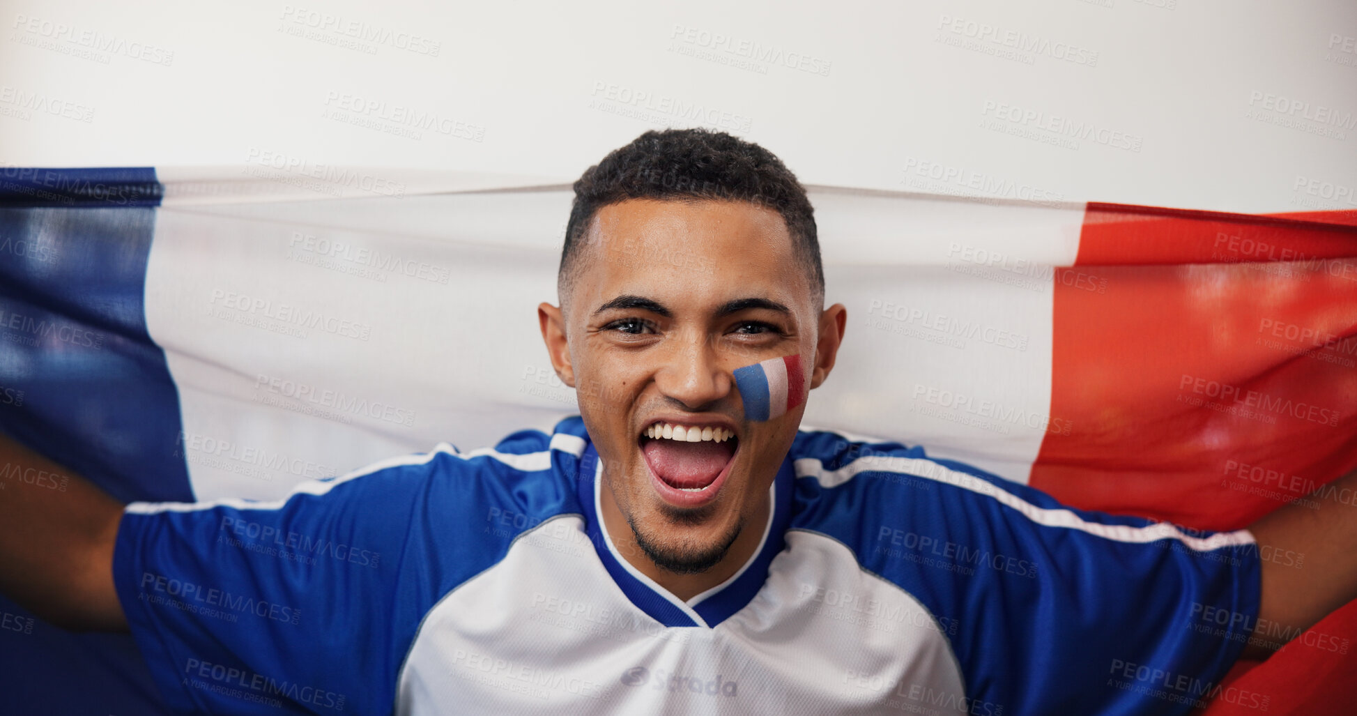Buy stock photo Man, sports and France flag in studio with celebration for football, goal and portrait on white background. Person, support and happy with paint for soccer competition, success or global tournament