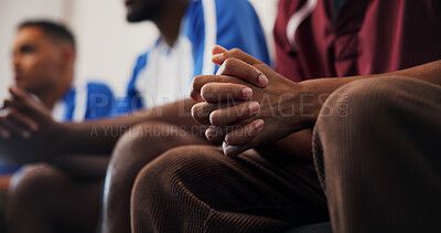 Buy stock photo Hands, friends and nervous for soccer with watching tv in home for live broadcast, final or competition. People, group and fans with anxiety, stress and worry for international football tournament