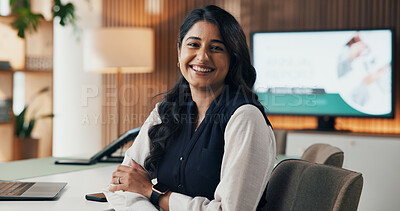 Buy stock photo Portrait, investor and woman in office, arms crossed for career ambition and happiness. Corporate professional, person and financial advisor in workplace, smile and confidence for trading opportunity
