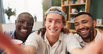 Buy stock photo Happy men, portrait and party with selfie for capture moment, memory or friendship in home. Male people, friends or smile with photography for group picture, holiday or fun social weekend together