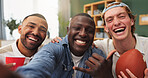Happy men, portrait and sport with selfie for capture moment, memory or friendship in home. Male people, friends or fans with photography for group picture, holiday or live entertainment together