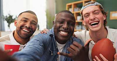 Buy stock photo Happy men, portrait and sport with selfie for capture moment, memory or friendship in home. Male people, friends or fans with photography for group picture, holiday or live entertainment together