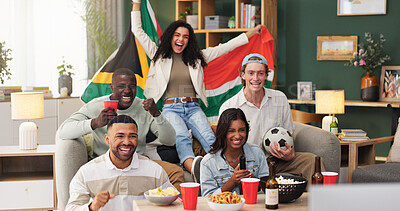 Buy stock photo Excited, watching tv and friends with celebration in home for South African win, sports goal or snacks. Football fans, happy people and live stream with drinks for world cup match, team score or flag
