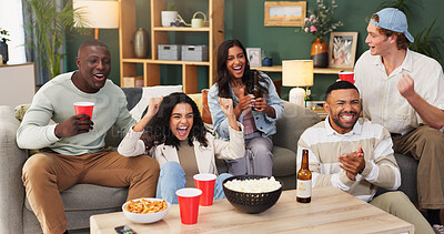 Buy stock photo People, celebration and watching tv in living room with sports match, smile and soccer world cup win. Happy, friends and cheer in home with football game, drinks and snacks for championship victory.