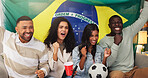 People, cheering and Brazil flag for sports success, group  celebration and match victory. Excited, friends and watching tv with national pride for football game, scoring goal and achievement in home