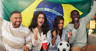 Buy stock photo People, cheering and Brazil flag for sports success, group  celebration and match victory. Excited, friends and watching tv with national pride for football game, scoring goal and achievement in home