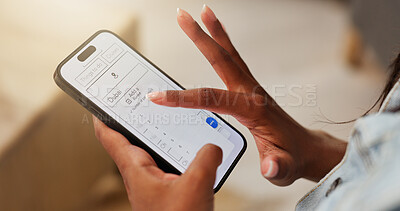 Buy stock photo Phone screen, hands and woman in home online for booking flight tickets for holiday or travel. Technology, scrolling and female person on mobile app for vacation planning with cellphone in house.