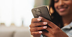 Woman, hands and browsing in apartment with phone, online dating app or text message notification. Space, female person and relax in house with tech, website or social media for digital communication