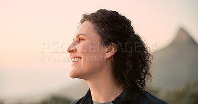 Buy stock photo Hiking, nature and woman with smile for trekking, view and adventure with sunset. Travel, tourism and happy person on holiday or vacation for wellness, walking and exercise outdoors on mountain