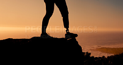 Buy stock photo Hiking, sunrise and hiker on mountain with prosthetic leg for adventure, trekking and exercise. Nature, space and person with disability in morning for fresh air, wellness and workout for health