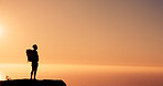 Ocean, hiker and man with view, silhouette and hobby in nature, sunset and fitness. Outdoor, hiking and person with water, summer holiday and trekking for healthy benefits, space and reflection