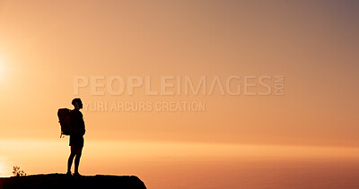 Buy stock photo Ocean, hiker and man with view, silhouette and hobby in nature, sunset and fitness. Outdoor, hiking and person with water, summer holiday and trekking for healthy benefits, space and reflection