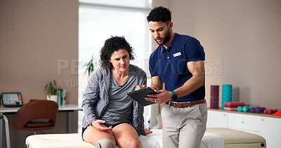 Buy stock photo Amputee, woman and physiotherapist with tablet in office for checkup, medical results and recovery. Prosthetic leg, digital and person with disability for physical therapy, report and rehabilitation