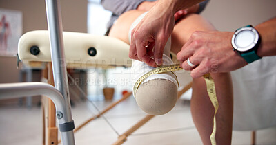 Buy stock photo Physiotherapy, measurement and person with amputation in clinic for prosthetic leg, support and consulting. Healthcare, measure and physical therapist with patient with disability for artificial limb