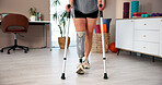 Legs, prosthesis and woman with walker in clinic for healthcare and exercise. Physical therapy, recovery or rehabilitation for person with a disability with muscle, balance or treatment for injury