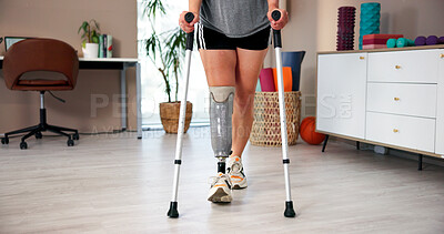 Buy stock photo Legs, prosthesis and woman with walker in clinic for healthcare and exercise. Physical therapy, recovery or rehabilitation for person with a disability with muscle, balance or treatment for injury