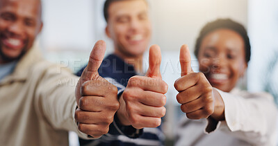 Buy stock photo Happy, business people or winning with thumbs up for good job, well done or feedback in office. Group, employees or smile with like emoji, yes sign or OK for teamwork, achievement or success together