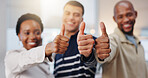 Business people, hands or winning with thumbs up for good job, well done or feedback in office. Group, employees or smile with like emoji, yes sign or OK for teamwork, achievement or success together