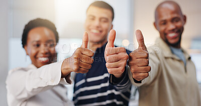 Buy stock photo Business people, hands or winning with thumbs up for good job, well done or feedback in office. Group, employees or smile with like emoji, yes sign or OK for teamwork, achievement or success together