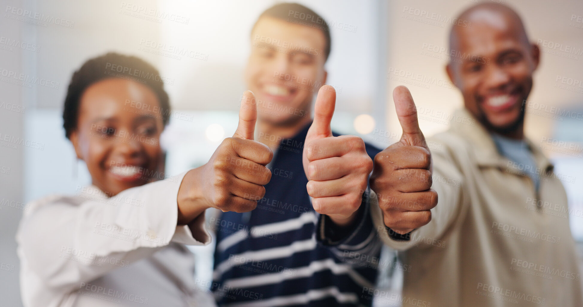 Buy stock photo Business people, hands or winning with thumbs up for good job, well done or feedback in office. Group, employees or smile with like emoji, yes sign or OK for teamwork, achievement or success together
