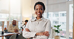 Smile, professional and portrait of businesswoman in office with confidence for creative career. Happy, job opportunity and magazine editor with pride for about us at startup company in workplace.