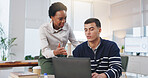 Business people, team or discussion with laptop in office for perfomance review or monitoring tasks. Businessman, woman or employees with ideas, support or help on computer for update in workplace