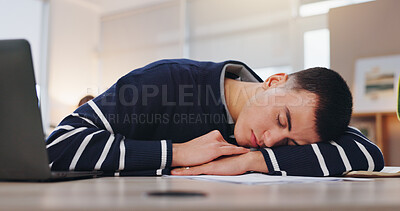 Buy stock photo Creative agency, man and sleeping in office, tired and exhausted with fatigue. Person, employee and journalist in workplace, brain fog and afternoon nap at desk, break and overtime with rest or relax