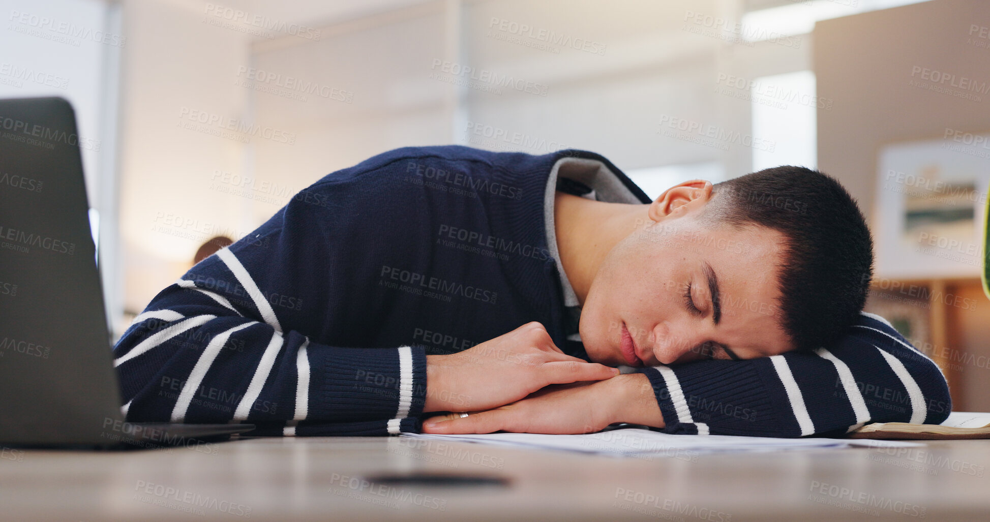 Buy stock photo Creative agency, man and sleeping in office, tired and exhausted with fatigue. Person, employee and journalist in workplace, brain fog and afternoon nap at desk, break and overtime with rest or relax