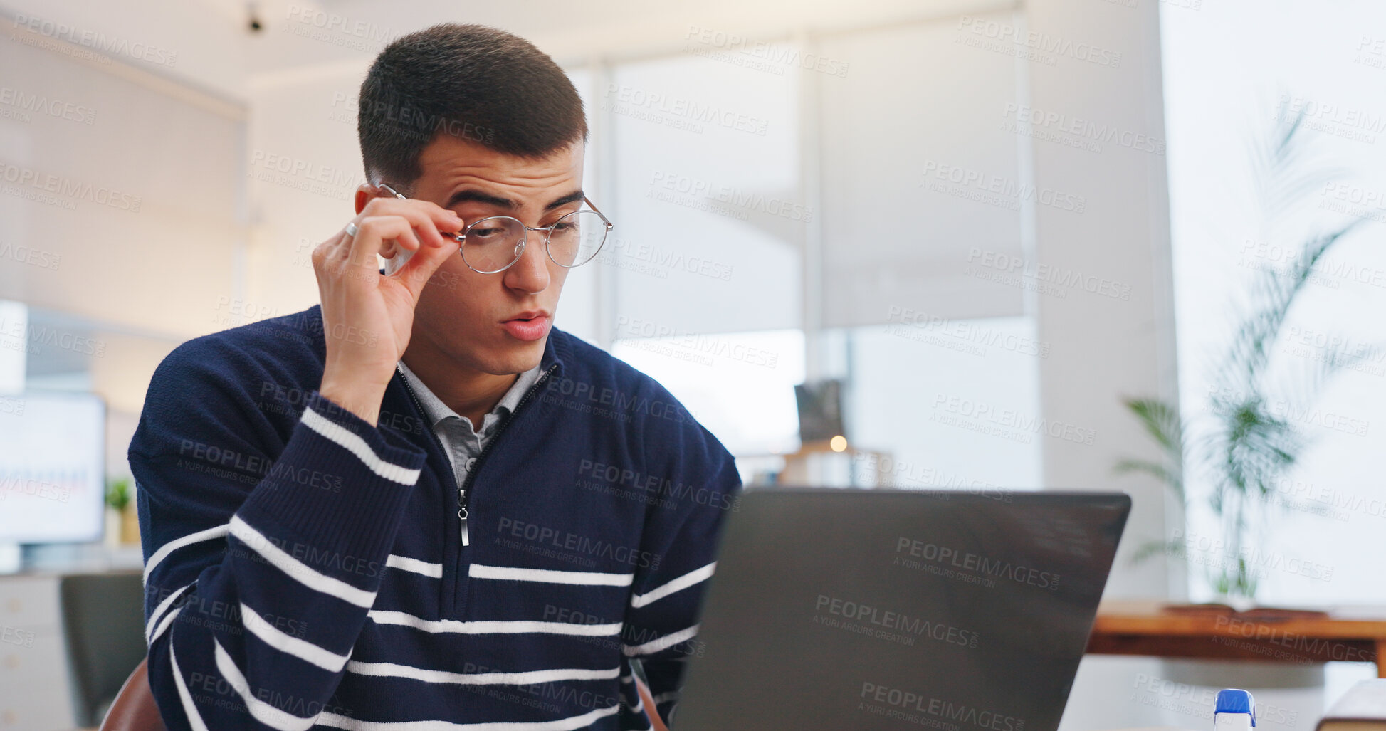 Buy stock photo Laptop, man and eye strain with glasses in office for vision fatigue, article burnout or news deadline. Journalist, tech and tension headache with eyewear for wrong prescription, editing or brain fog