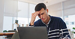 Creative, headache and businessman with laptop in office, think and reporter with brain fog or tired. Newsroom, migraine and person with tech for deadline pressure, stress and journalist with burnout