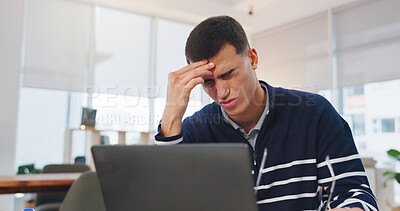 Buy stock photo Creative, headache and businessman with laptop in office, think and reporter with brain fog or tired. Newsroom, migraine and person with tech for deadline pressure, stress and journalist with burnout