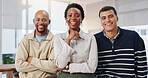 Creative, portrait and group with smile in office, laughing or confident for marketing collaboration. Advertising, team and happy people with pride, together and colleagues with solidarity in agency