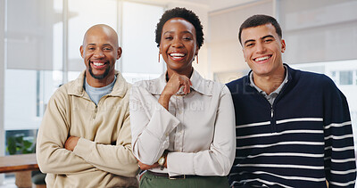 Buy stock photo Creative, portrait and group with smile in office, laughing or confident for marketing collaboration. Advertising, team and happy people with pride, together and colleagues with solidarity in agency