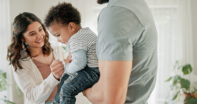 Buy stock photo Love, parents or baby in house with happiness, childcare or healthy relationship on weekend break. Care, people or boy in home with bonding, parenthood or family connection in child development.