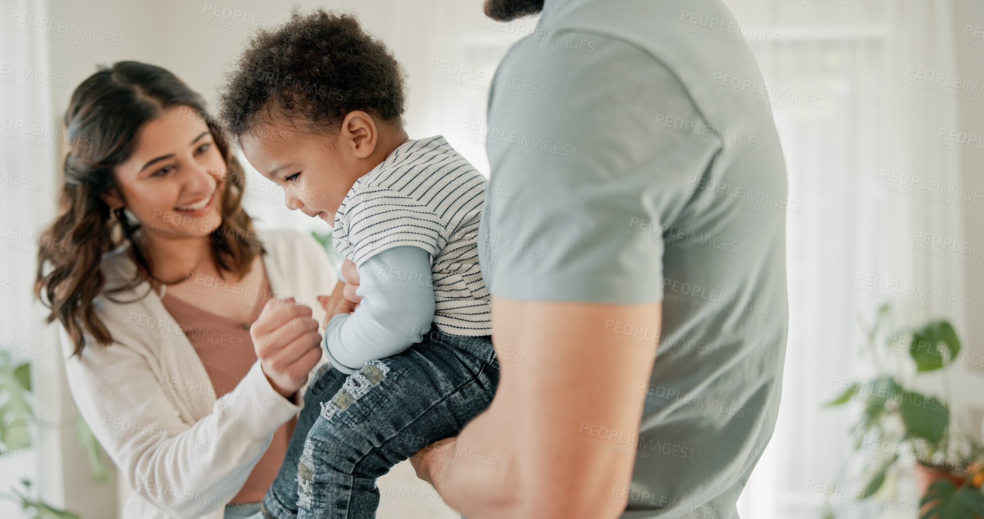 Buy stock photo Love, parents or baby in house with happiness, childcare or healthy relationship on weekend break. Care, people or boy in home with bonding, parenthood or family connection in child development.