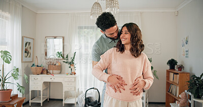 Buy stock photo Hug, couple and pregnant woman with smile in home together, connection and excited for family growth. Love, embrace and happy people with tummy touch for bonding, maternity support and future parents