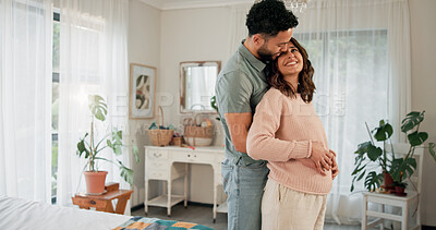Buy stock photo Hug, couple or pregnant woman with smile in bedroom for love, connection or excited for family growth. Home, embrace or happy people with tummy touch for bonding, maternity support and future parents