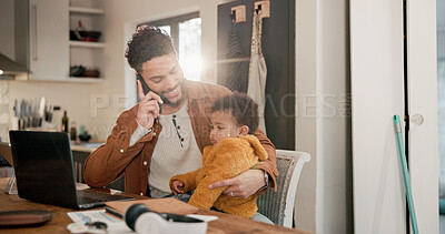 Buy stock photo Father, baby and phone call in home for remote work, multitasking and business negotiation for deal. Tech, flare and happy man with son for investment proposal, discussion  and support for childcare